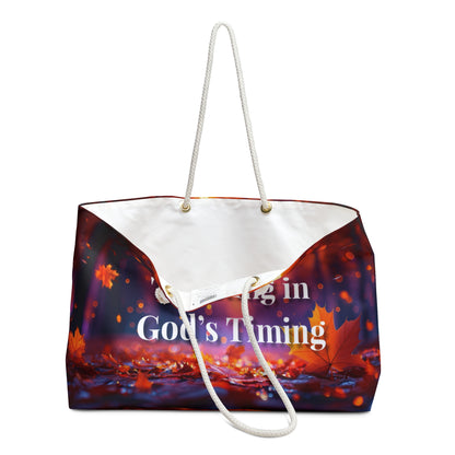Inspirational Weekender Bag - Trusting in God's Timing, Travel Tote, Fall Bag, Gift for Faith Lovers, Weekend Getaway Essential