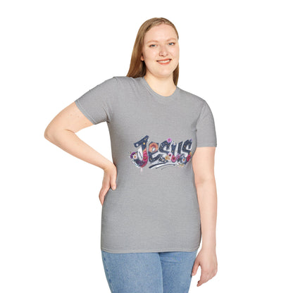 Colorful Jesus Grafitti T-Shirt, Unisex Softstyle Tee, Casual Faith-Based Apparel, Christian Gift, Inspirational Shirt
