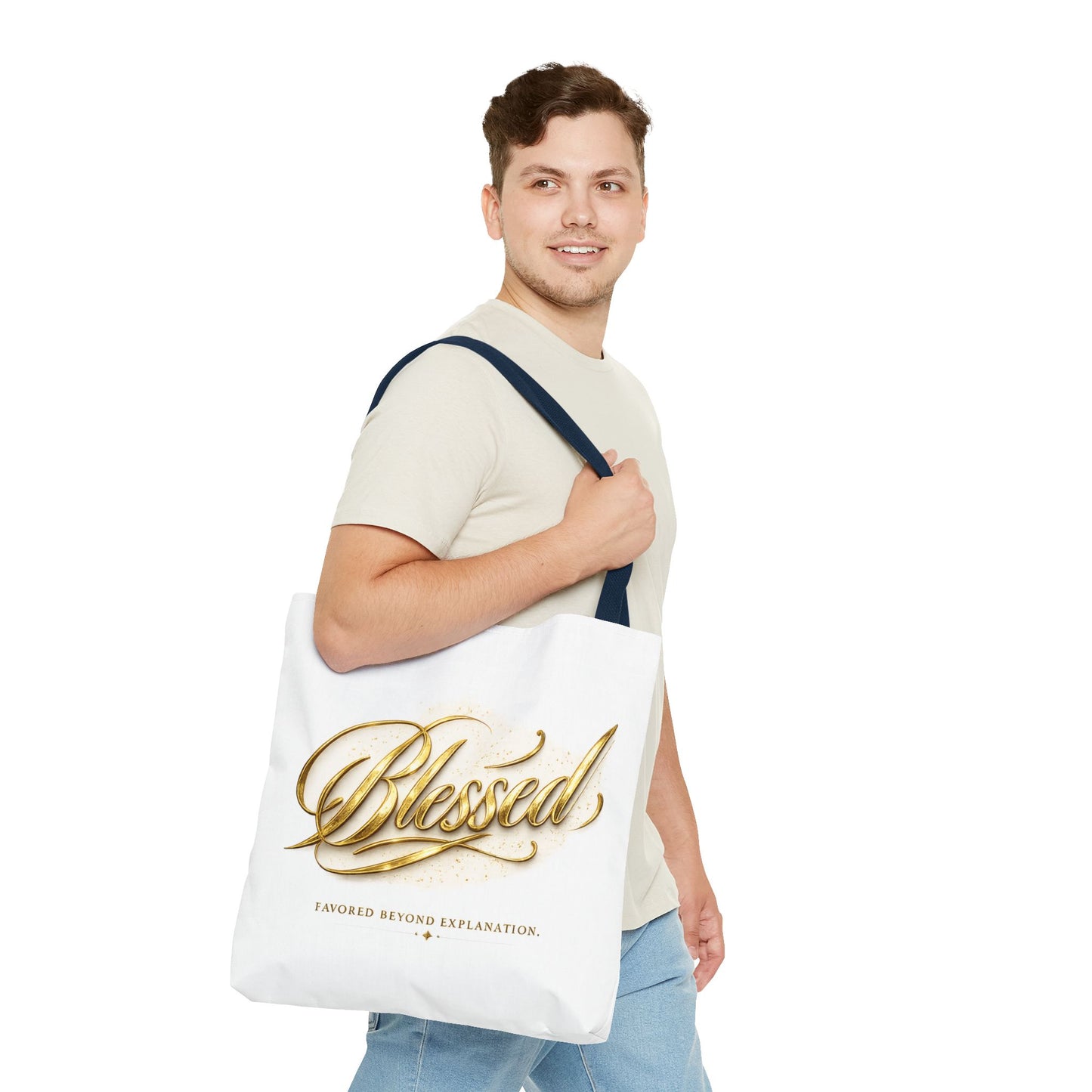 Blessed Gold Script Tote Bag – Inspirational Faith Canvas Grocery Bag