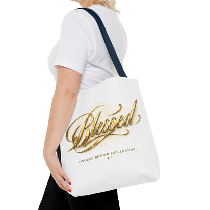 Blessed Gold Script Tote Bag – Inspirational Faith Canvas Grocery Bag