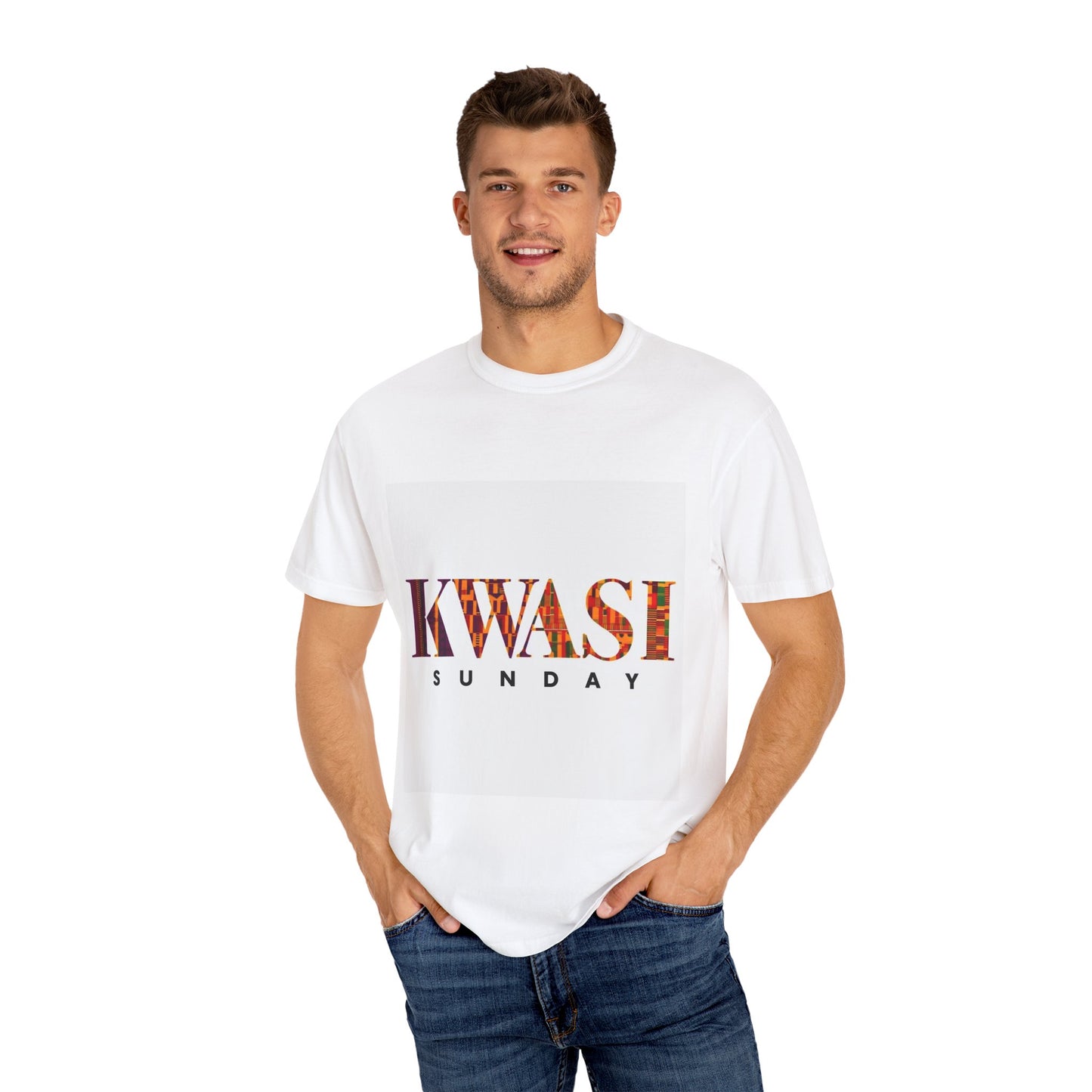 Kwasi Sunday Garment-Dyed Unisex T-Shirt, Vibrant African Print Tee, Casual Wear, Gift for Culture Enthusiasts, Celebration Apparel