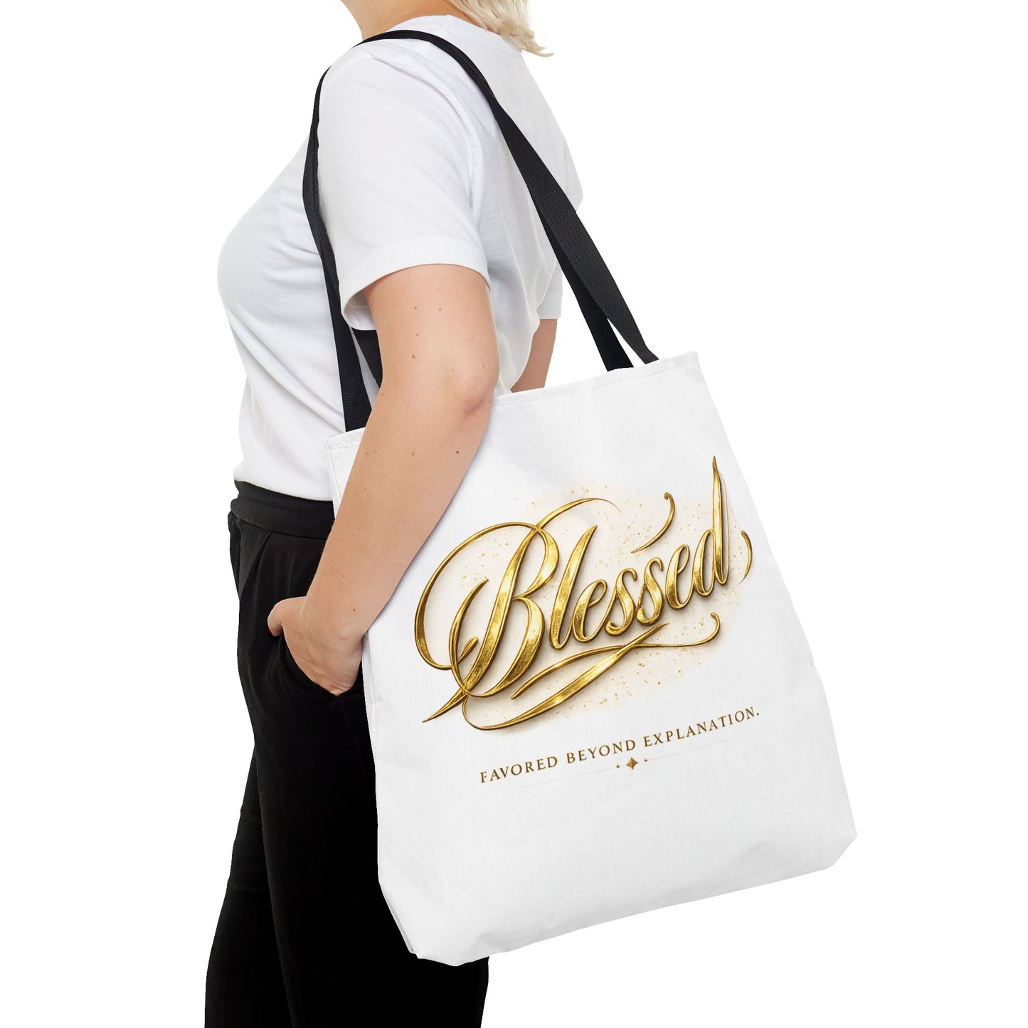 Blessed Gold Script Tote Bag – Inspirational Faith Canvas Grocery Bag