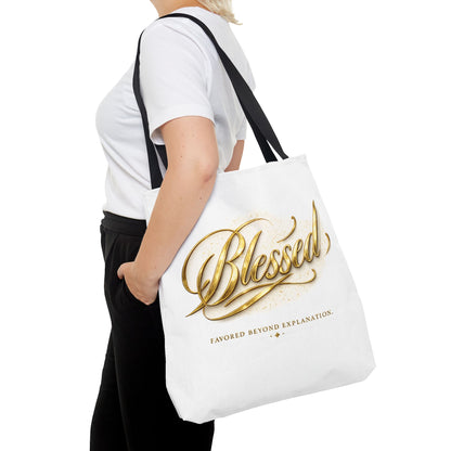 Blessed Gold Script Tote Bag – Inspirational Faith Canvas Grocery Bag