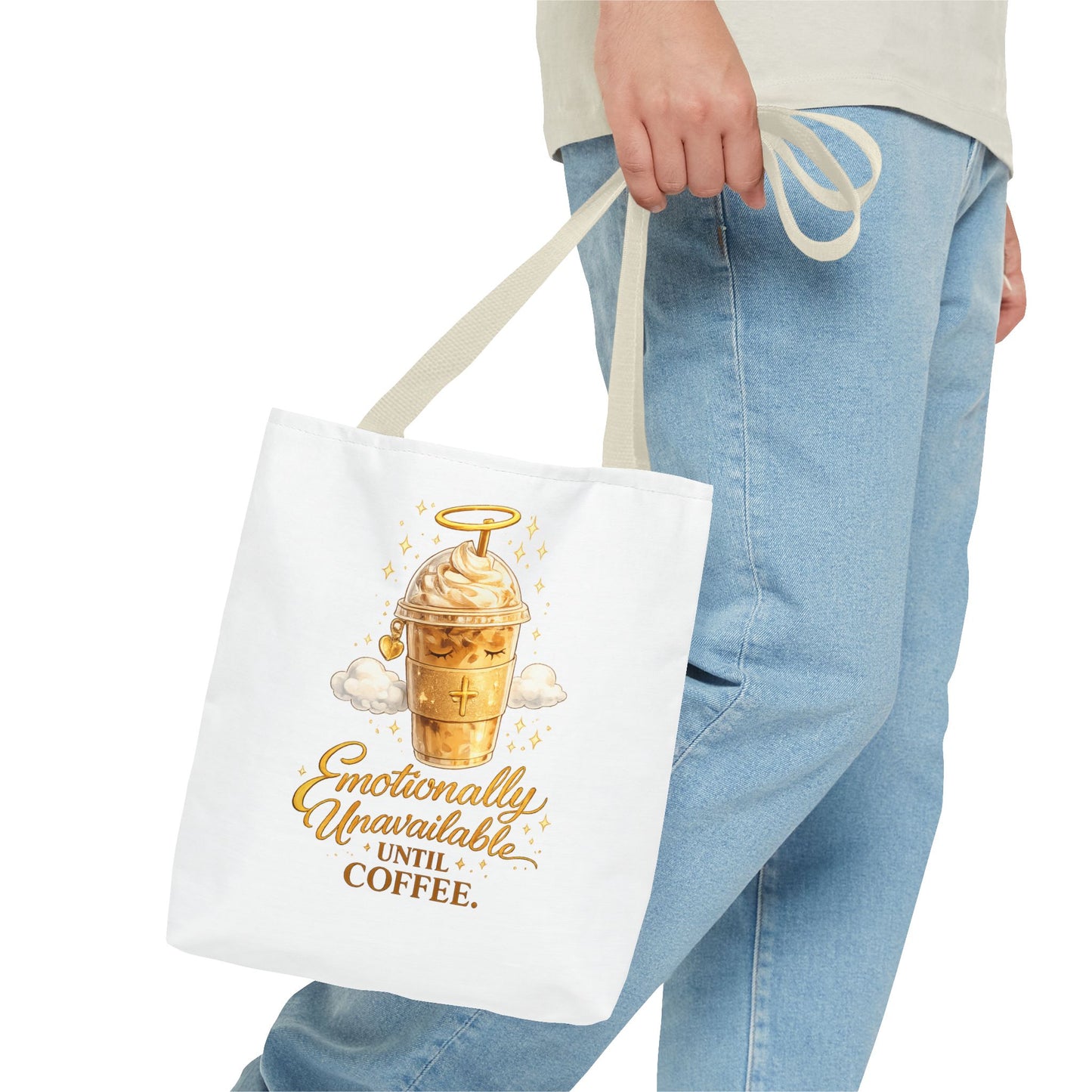 Coffee Tote Bag — "Emotionally Unavailable Until Coffee" Cute Golden Frappe Design