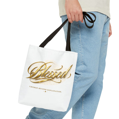 Blessed Gold Script Tote Bag – Inspirational Faith Canvas Grocery Bag