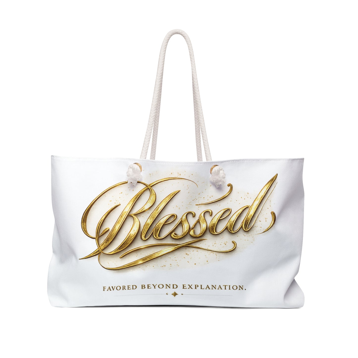Blessed Weekender Bag — Gold Script 'Favored Beyond Explanation' Travel Tote