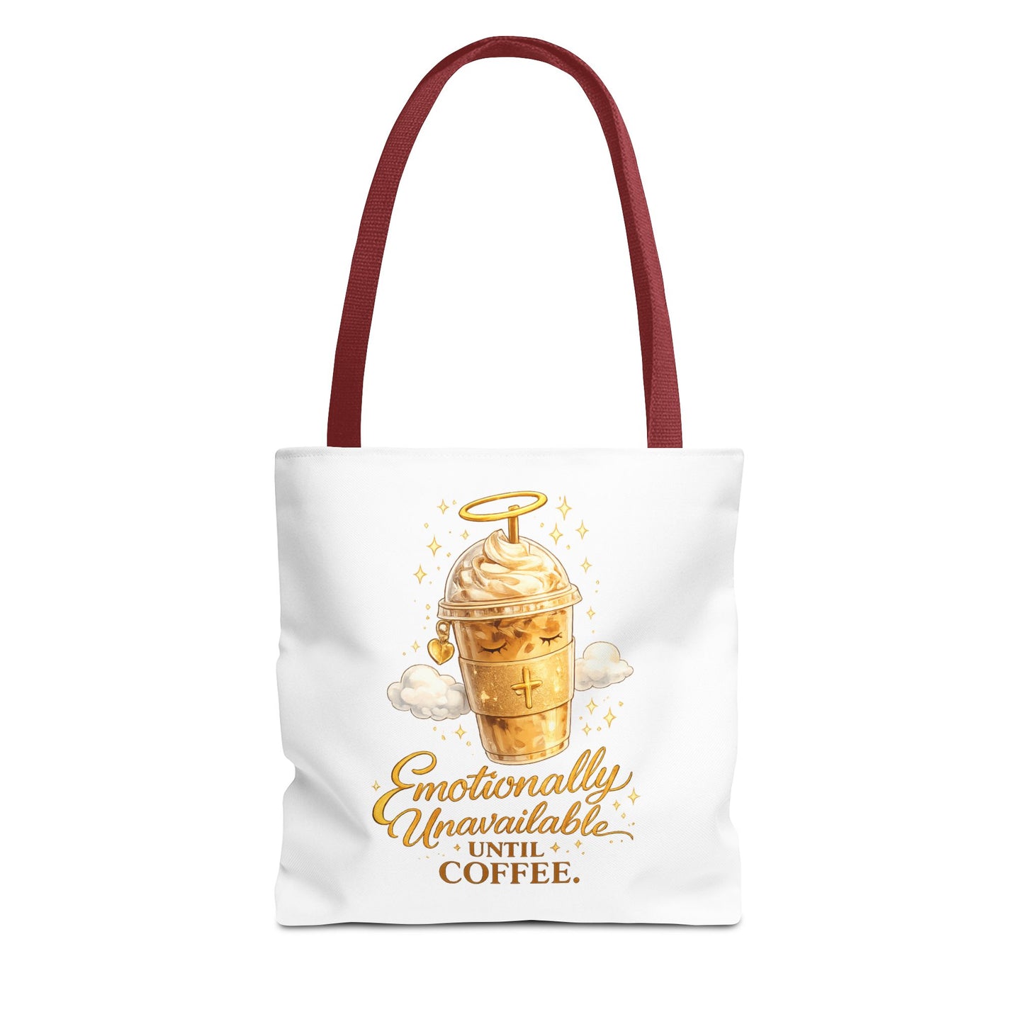 Coffee Tote Bag — "Emotionally Unavailable Until Coffee" Cute Golden Frappe Design
