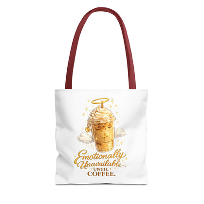 Coffee Tote Bag — "Emotionally Unavailable Until Coffee" Cute Golden Frappe Design