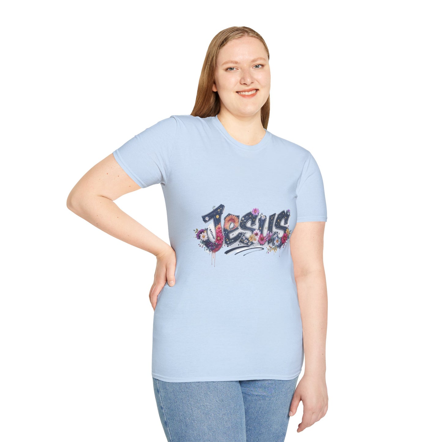 Colorful Jesus Grafitti T-Shirt, Unisex Softstyle Tee, Casual Faith-Based Apparel, Christian Gift, Inspirational Shirt