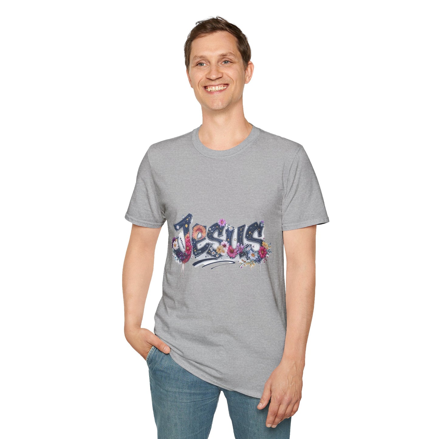 Colorful Jesus Grafitti T-Shirt, Unisex Softstyle Tee, Casual Faith-Based Apparel, Christian Gift, Inspirational Shirt