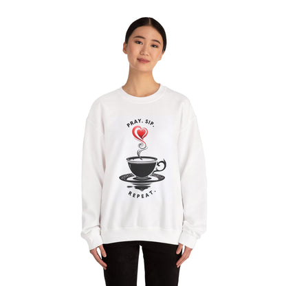 Cozy Coffee Lover Crewneck Sweatshirt - Pray Sip Repeat, Relaxed Fit Gift, Perfect for Coffee Lovers, Casual Cozy Wear, Thoughtful Gift Idea