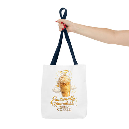 Coffee Tote Bag — "Emotionally Unavailable Until Coffee" Cute Golden Frappe Design