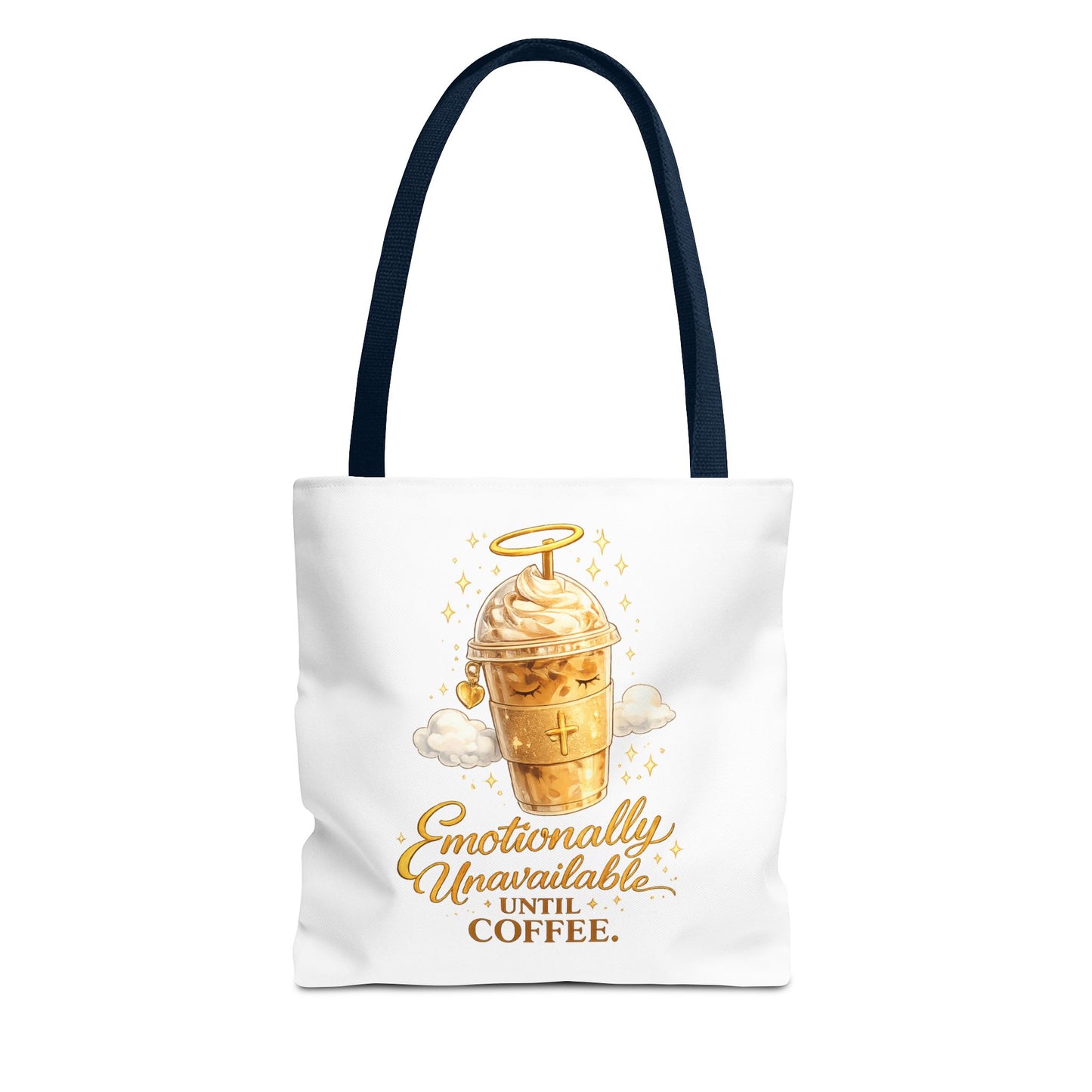 Coffee Tote Bag — "Emotionally Unavailable Until Coffee" Cute Golden Frappe Design