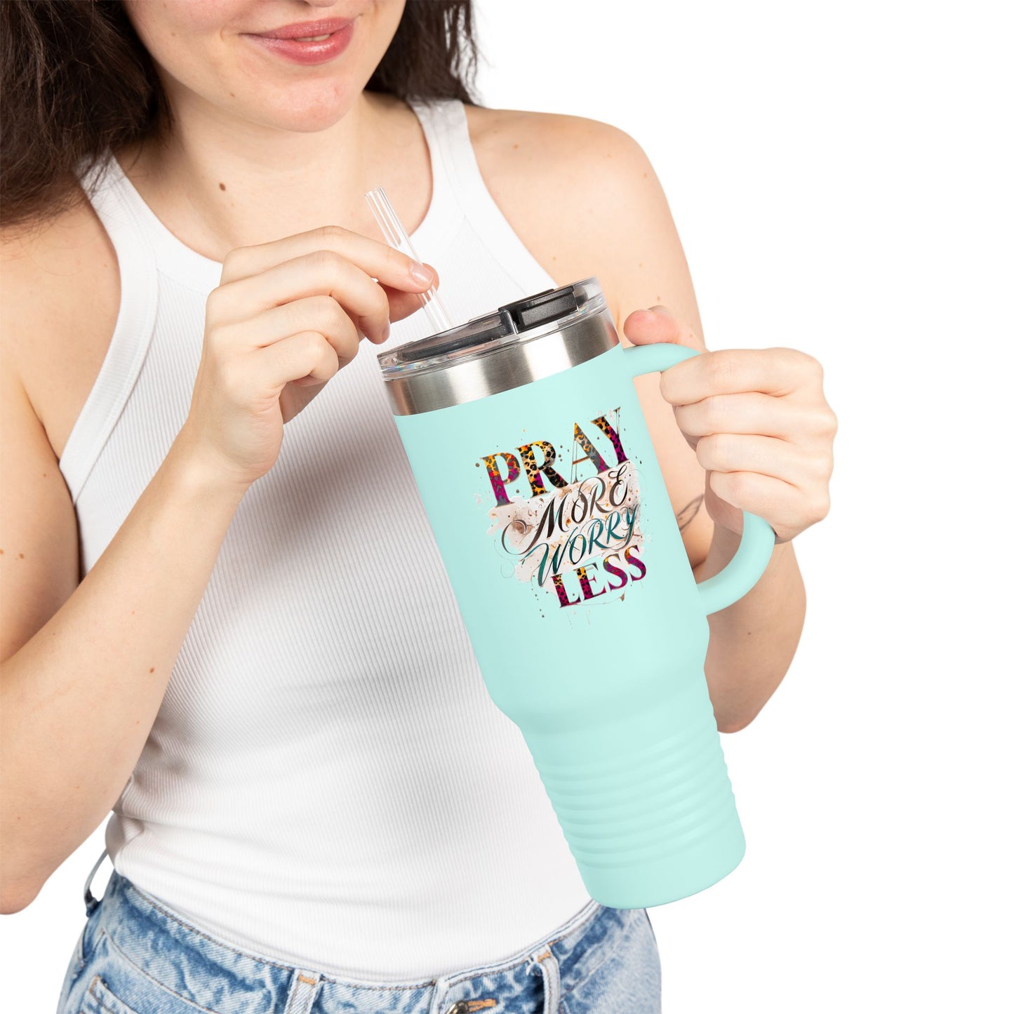 Pray More Worry Less Insulated Travel Mug, 40oz - Motivational Coffee Cup for On-the-Go, Perfect Gift for Teachers, Friends, and Self-Care