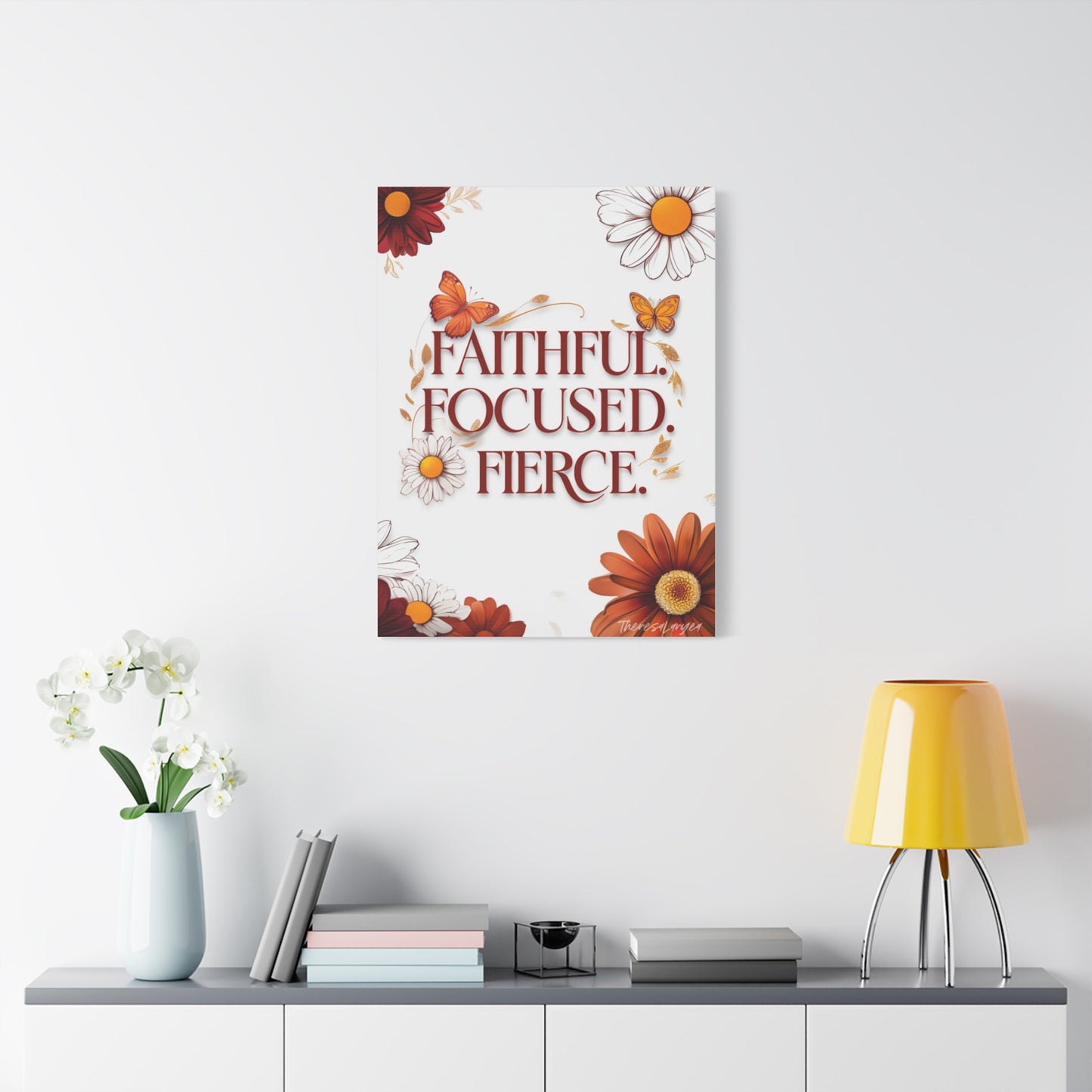 Inspirational Wall Art Canvas, Faithful Focused Fierce Decor, Motivational Gift, Home Office Wall Decor, Floral Design Art