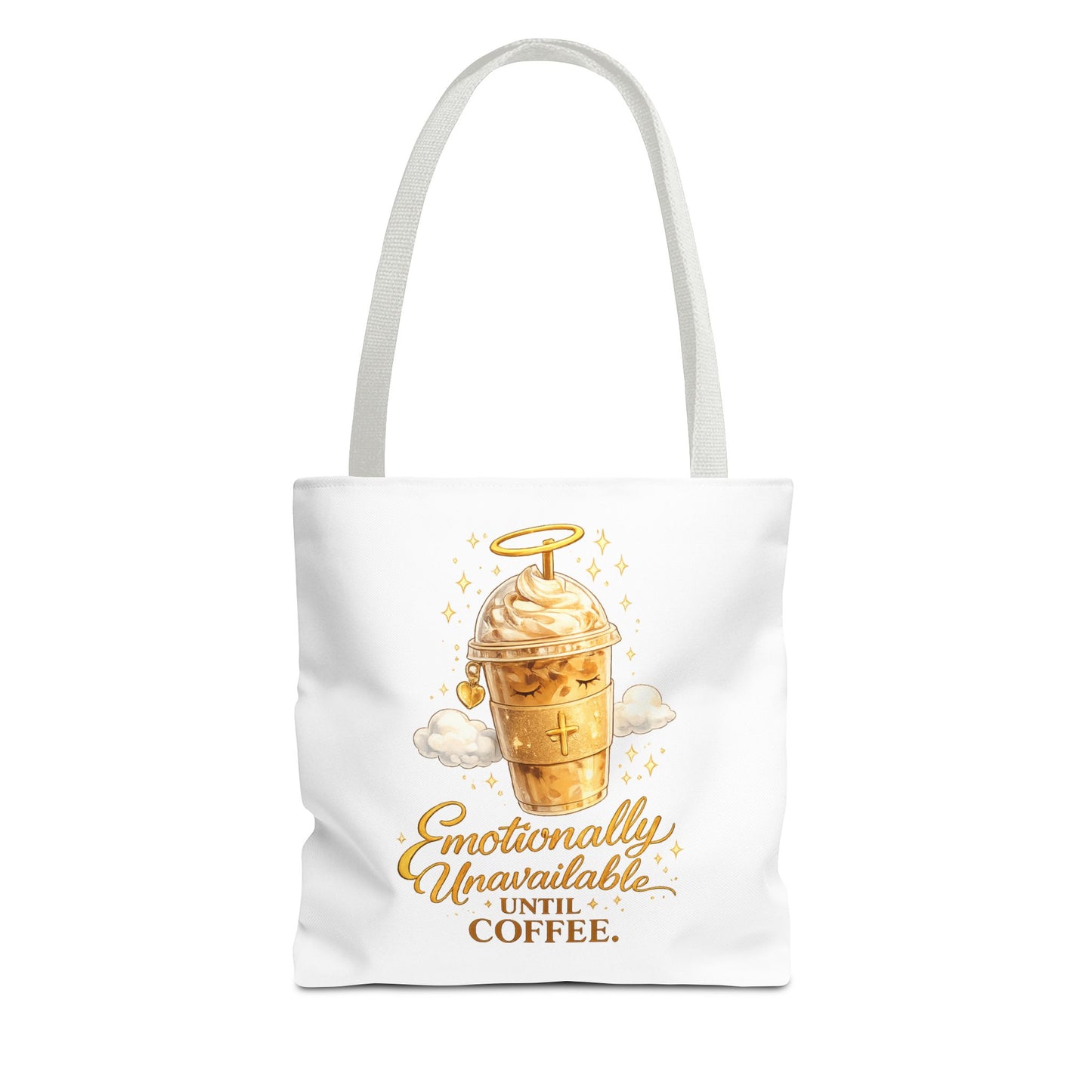 Coffee Tote Bag — "Emotionally Unavailable Until Coffee" Cute Golden Frappe Design