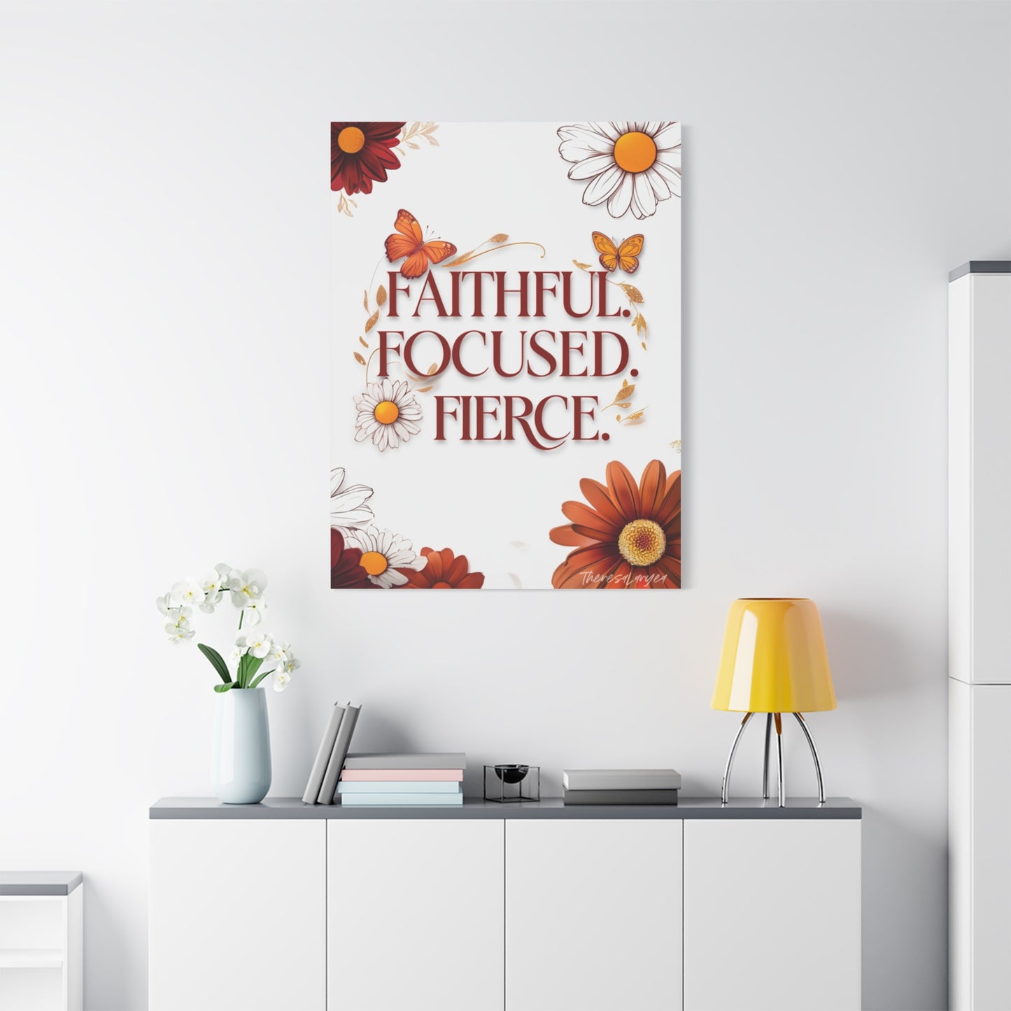Inspirational Wall Art Canvas, Faithful Focused Fierce Decor, Motivational Gift, Home Office Wall Decor, Floral Design Art