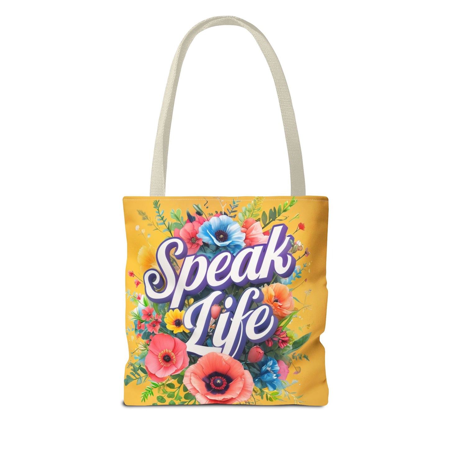 Vibrant Floral Tote Bag - Speak Life, Eco-Friendly Shopping Bag, Gift for Her, Beach Bag, Inspirational Quote Accessory