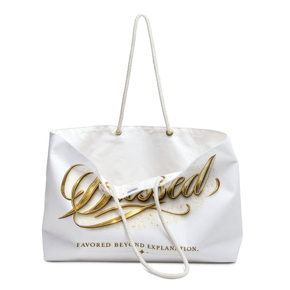 Blessed Weekender Bag — Gold Script 'Favored Beyond Explanation' Travel Tote