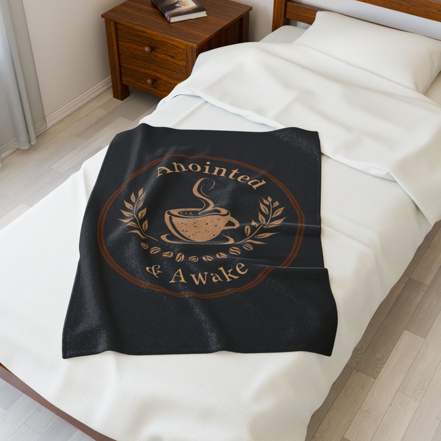 Cozy Velveteen Plush Blanket - Anointed & Awake, Coffee Lover Gift, Warm Home Decor, Ideal for Relaxation, Snuggle Up This Winter