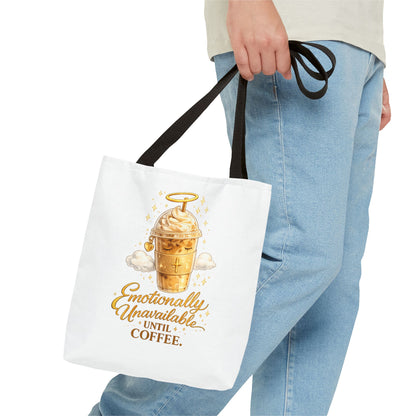 Coffee Tote Bag — "Emotionally Unavailable Until Coffee" Cute Golden Frappe Design