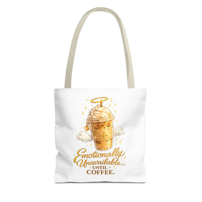 Coffee Tote Bag — "Emotionally Unavailable Until Coffee" Cute Golden Frappe Design