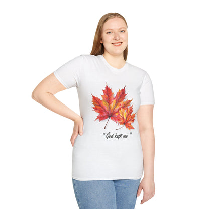 Fall Leaves Inspirational T-Shirt, Autumn Graphic Tee, God Kept Me Shirt, Unisex Casual Wear, Perfect Fall Gift
