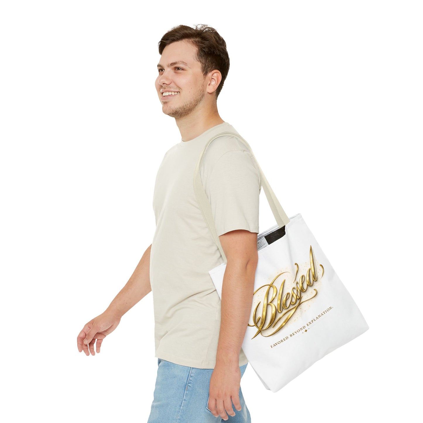 Blessed Gold Script Tote Bag – Inspirational Faith Canvas Grocery Bag