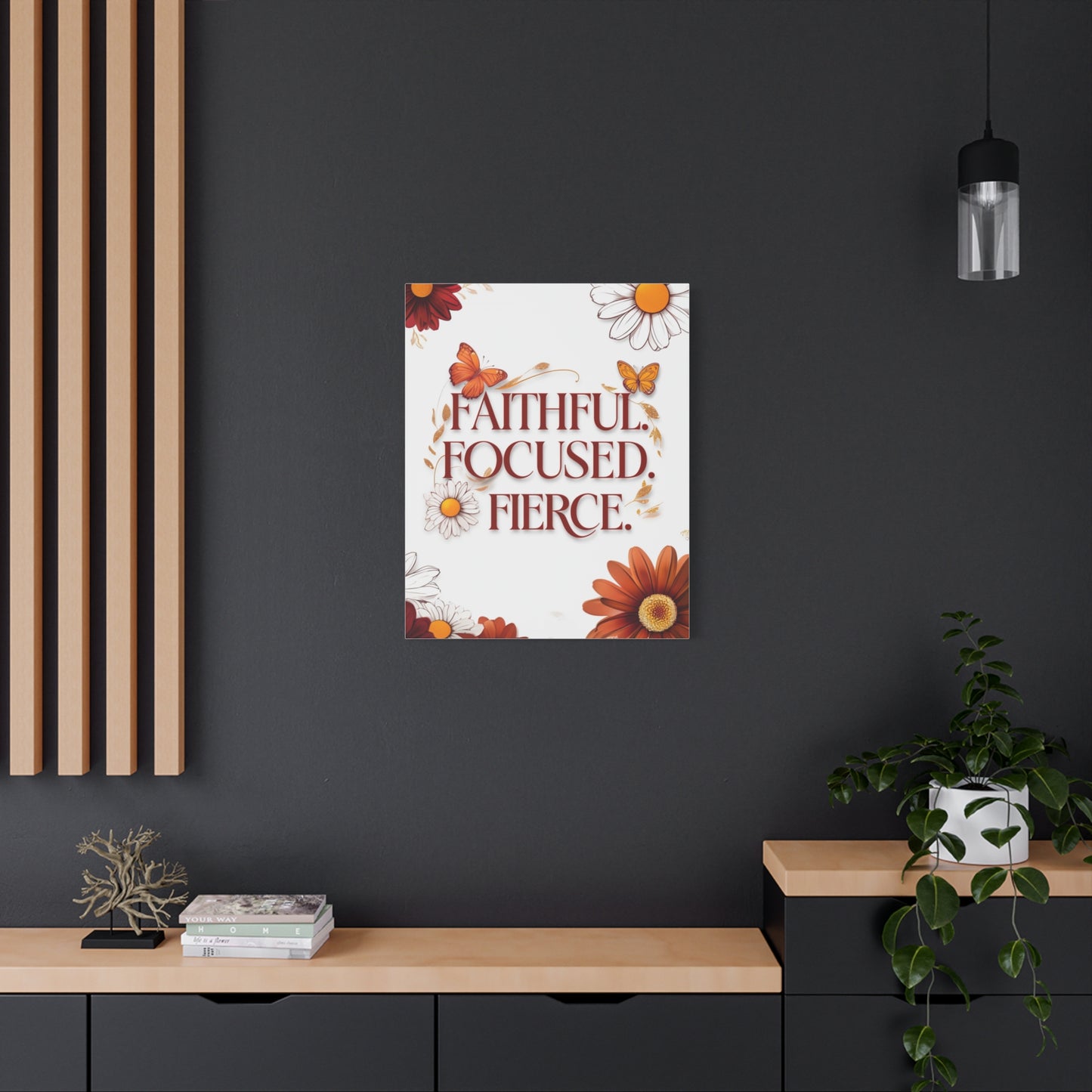 Inspirational Wall Art Canvas, Faithful Focused Fierce Decor, Motivational Gift, Home Office Wall Decor, Floral Design Art