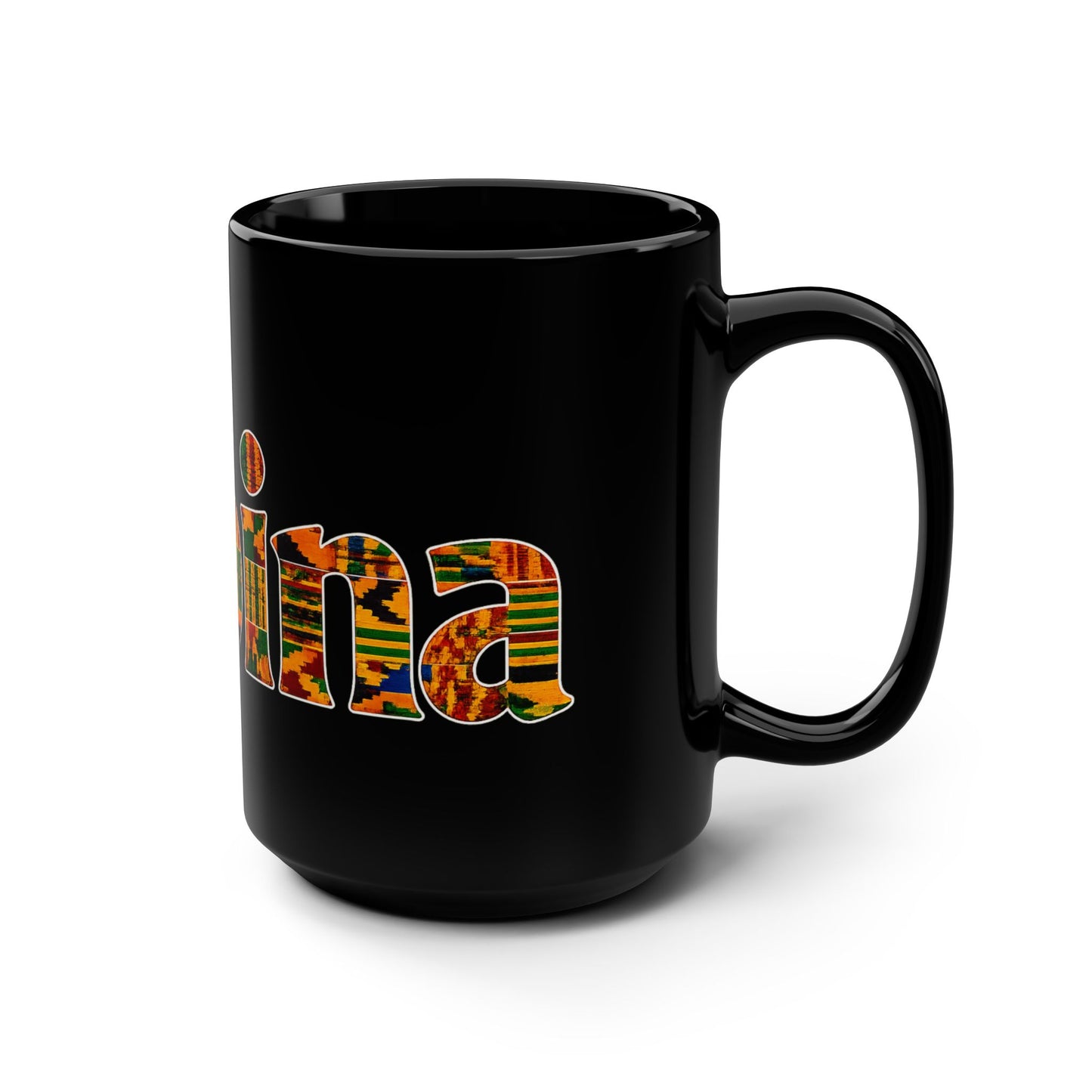Kente Name Black Mug — Personalized "Kobina" 15oz African Print Coffee Cup