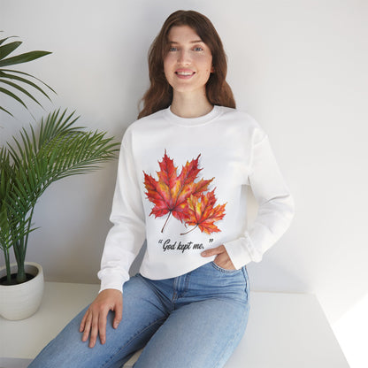 Autumn Leaves Sweatshirt - "A God Kept Me" - Cozy Unisex Crewneck, Fall Gift, Inspirational Apparel, Casual Wear
