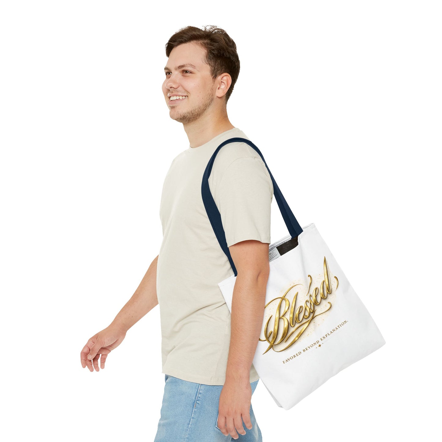 Blessed Gold Script Tote Bag – Inspirational Faith Canvas Grocery Bag
