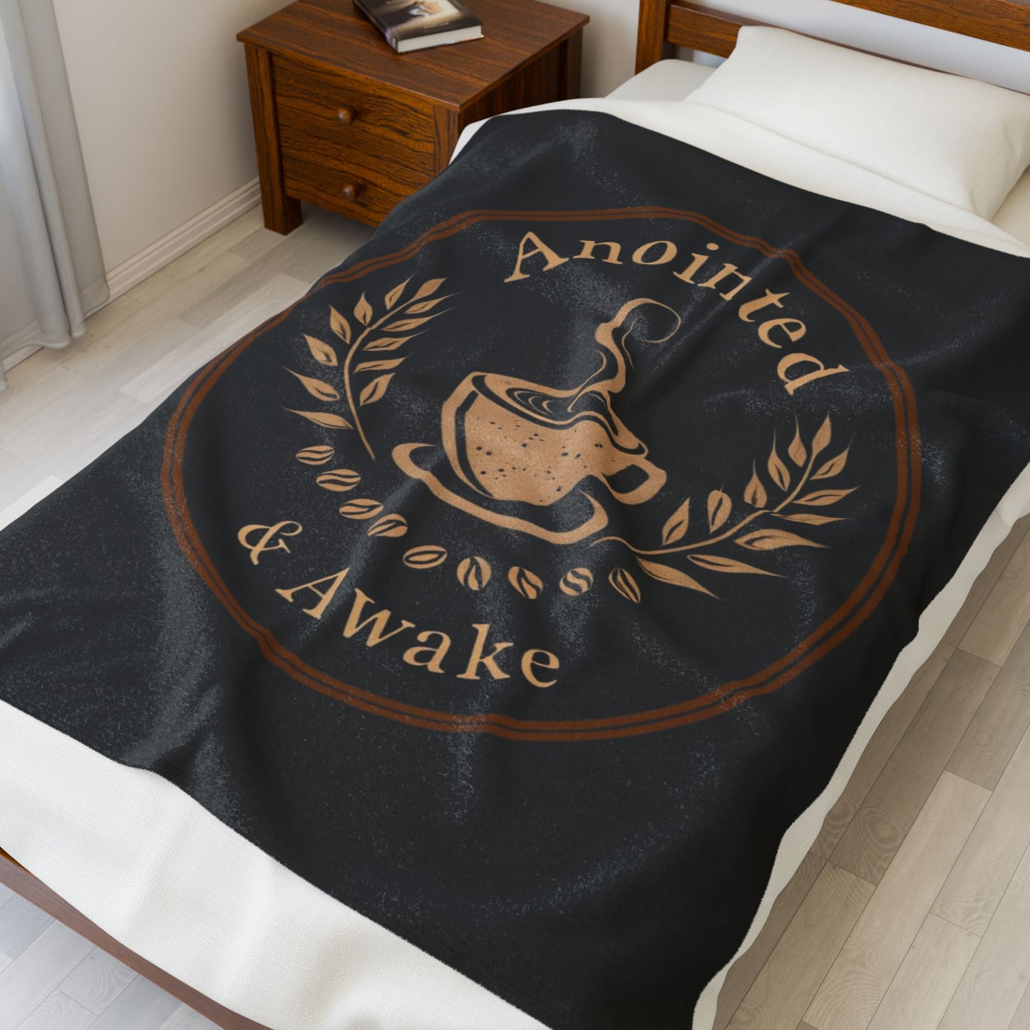 Cozy Velveteen Plush Blanket - Anointed & Awake, Coffee Lover Gift, Warm Home Decor, Ideal for Relaxation, Snuggle Up This Winter